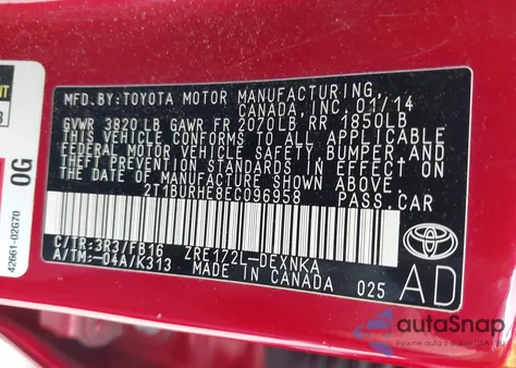 2014 Toyota Corolla Le Plus z USA, uszkodzony, nr VIN 2T1BURHE8EC096958